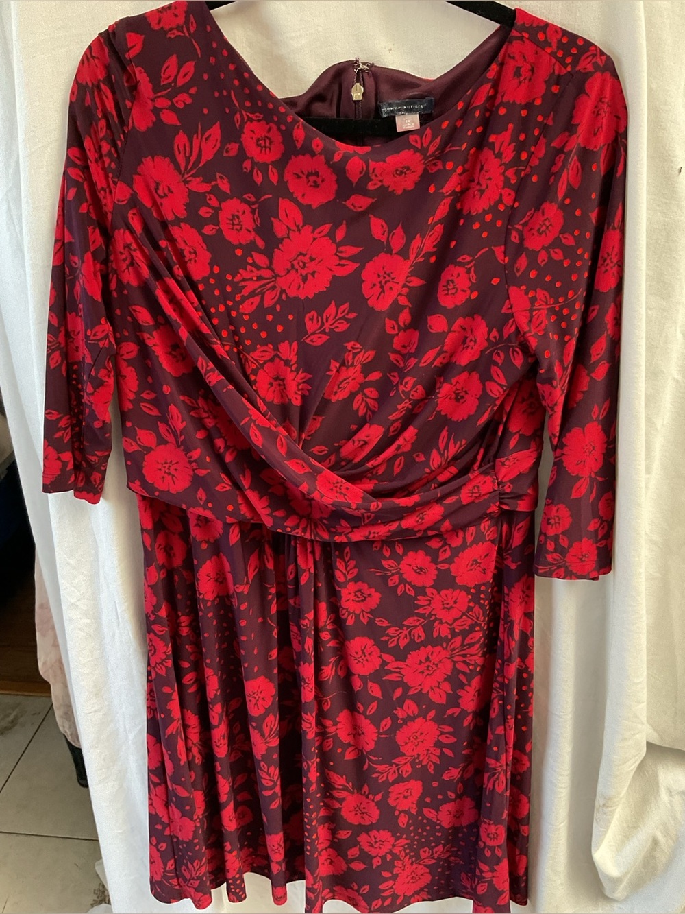 Tommy Hilfiger Red Floral Draped-Waist Long Sleeve Dress